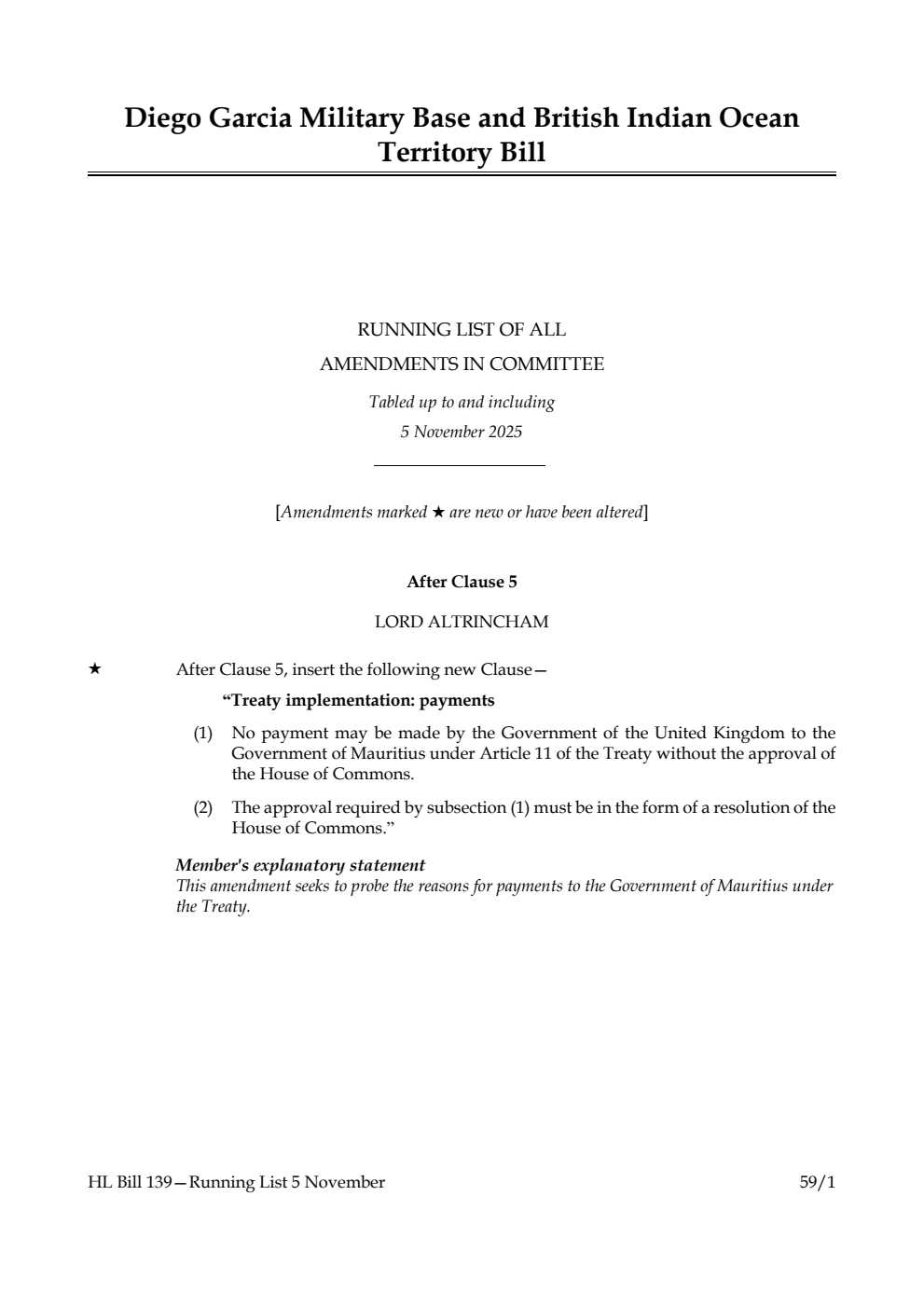 Diego Garcia Military Base and British Indian Ocean Territory Bill Running List of all amendments in Committee tabled up to and including 5 November 2025