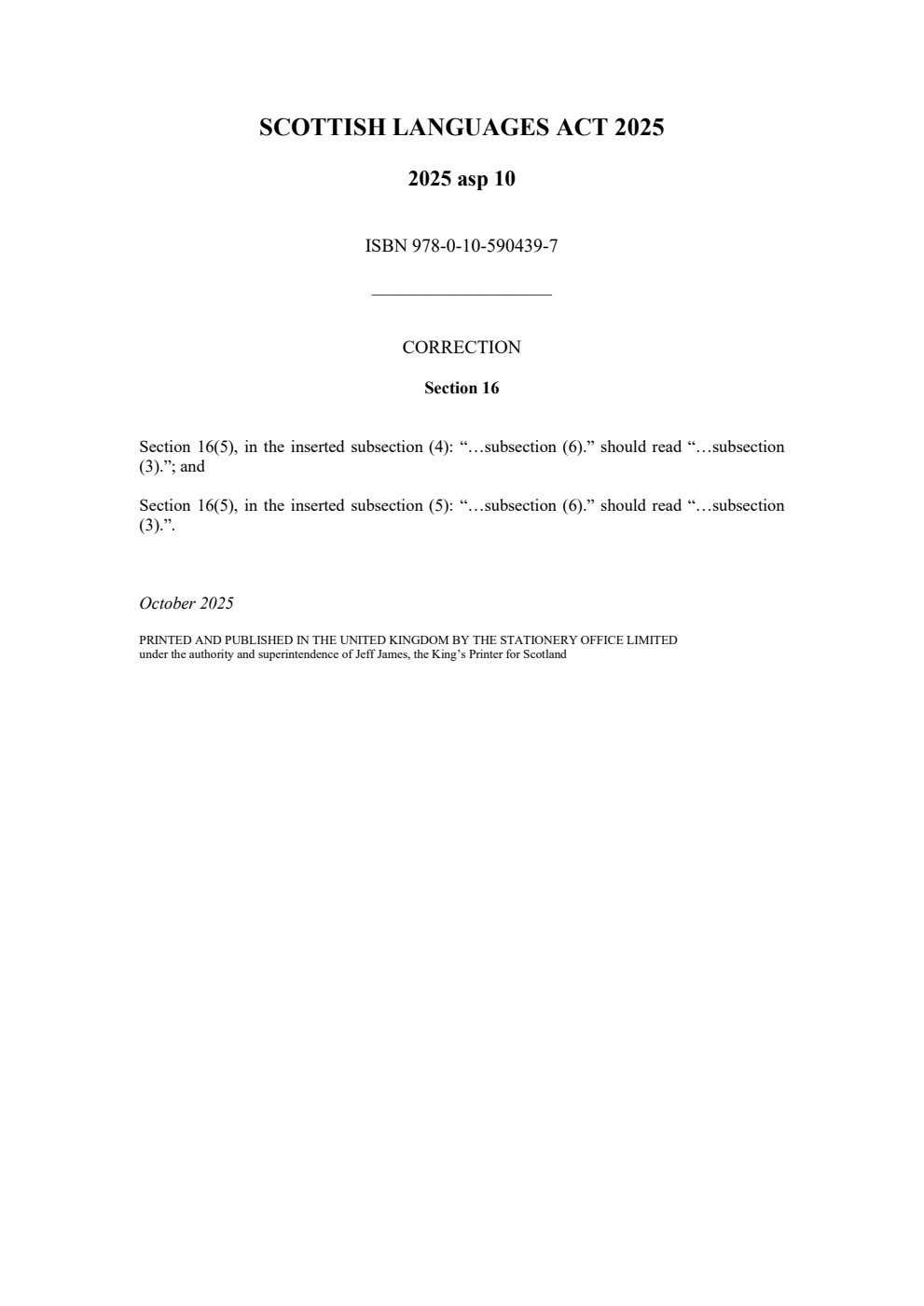 Scottish Languages Act 2025 2nd Correction Slip, October 2025