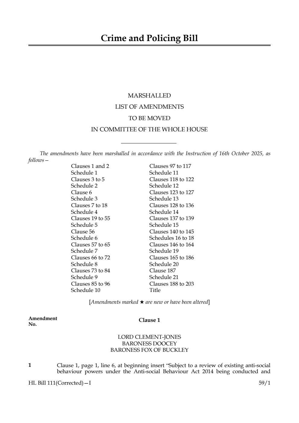 Crime and Policing Bill Marshalled List of amendments to be moved in Committee of the Whole House