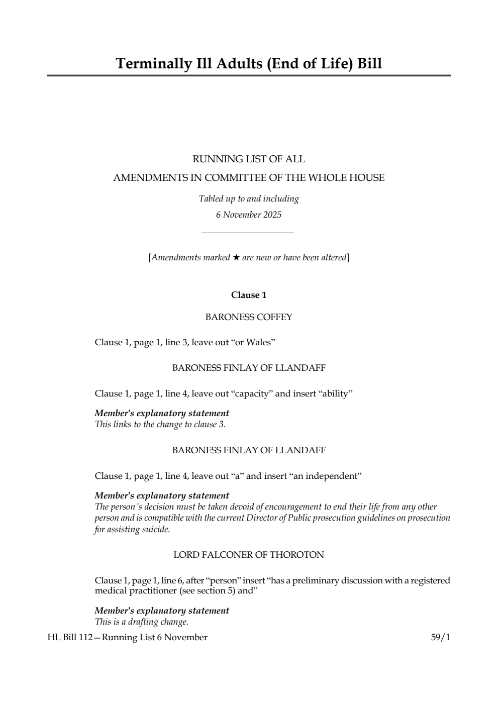 Terminally Ill Adults (End of Life) Bill Running List of all amendments in Committee of the Whole House tabled up to and including 6 November 2025