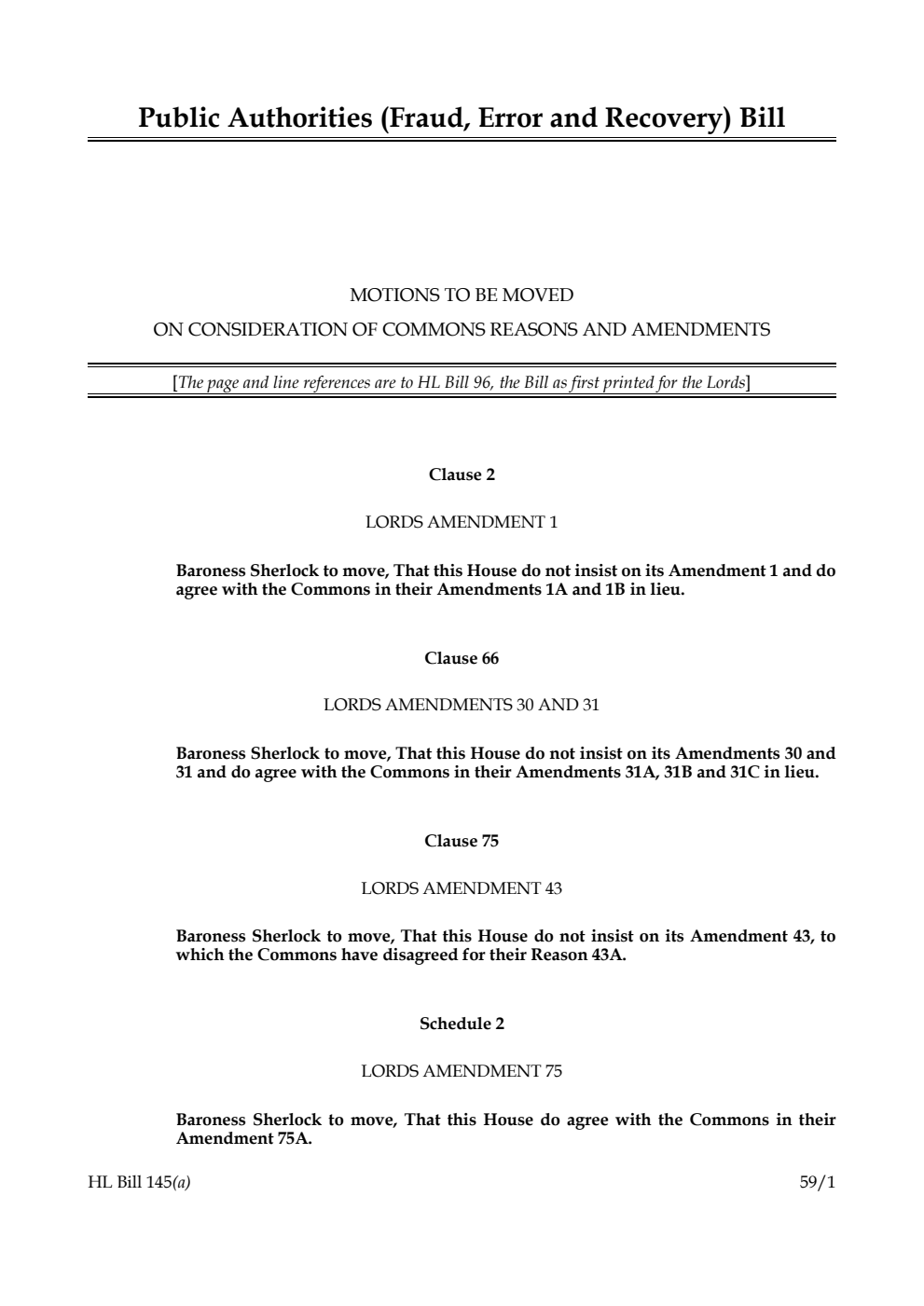 Public Authorities (Fraud, Error and Recovery) Bill Motions to be moved on consideration of Commons reasons and amendments