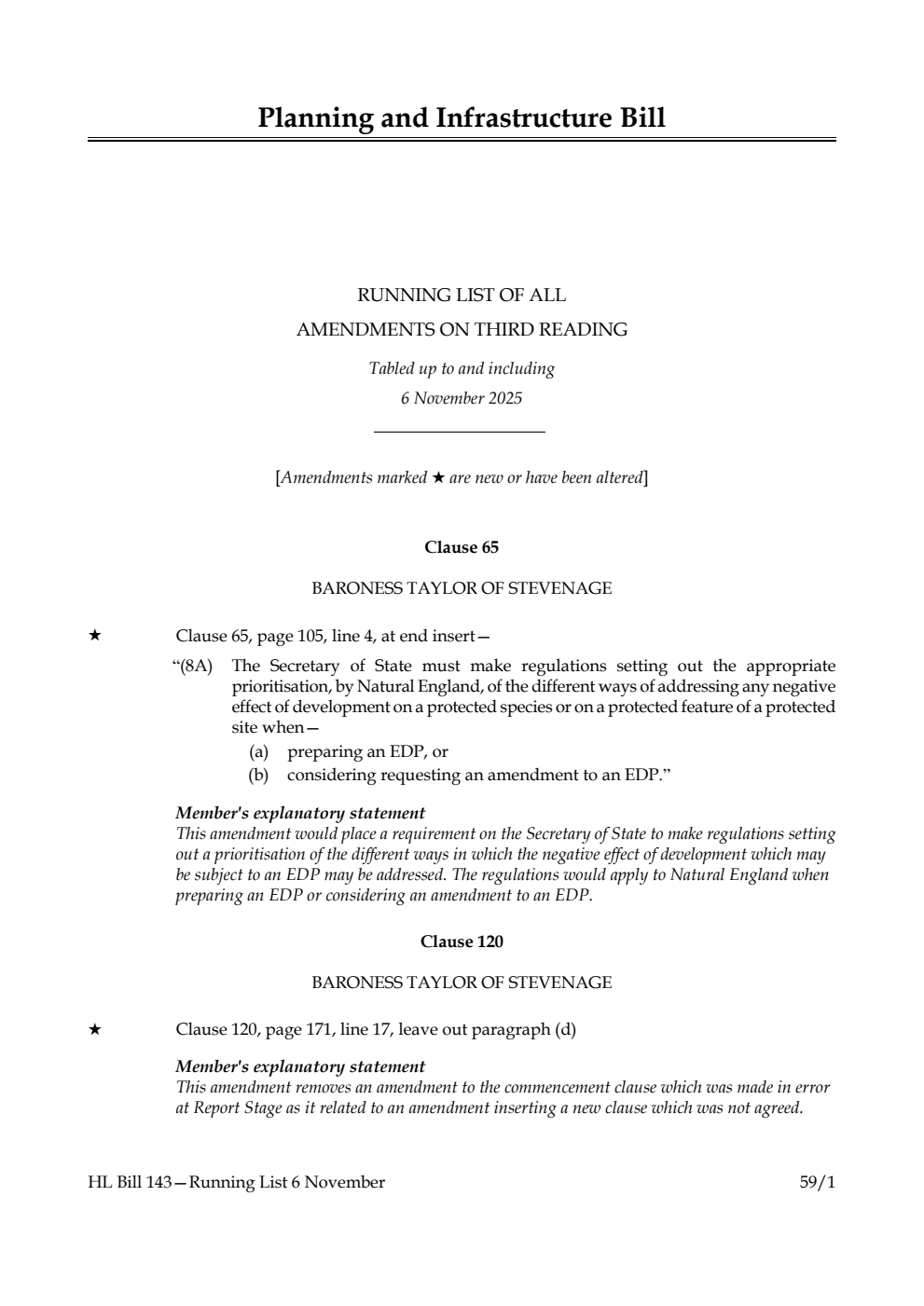 Planning and Infrastructure Bill Running List of all amendments on third reading tabled up to and including 6 November 2025