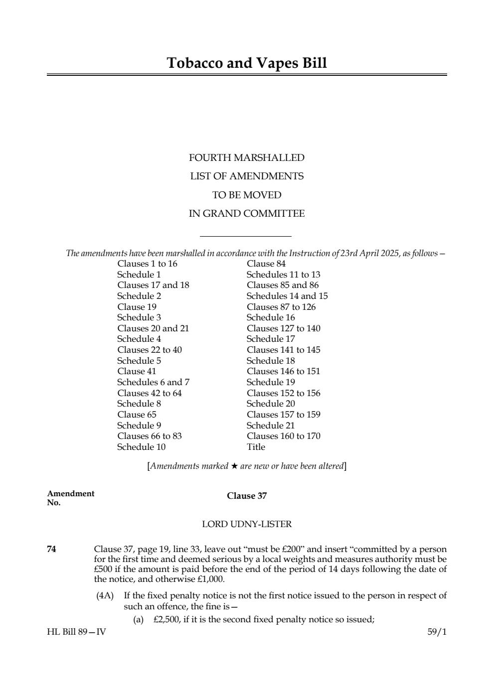 Tobacco and Vapes Bill Fourth Marshalled List of amendments to be moved in Grand Committee