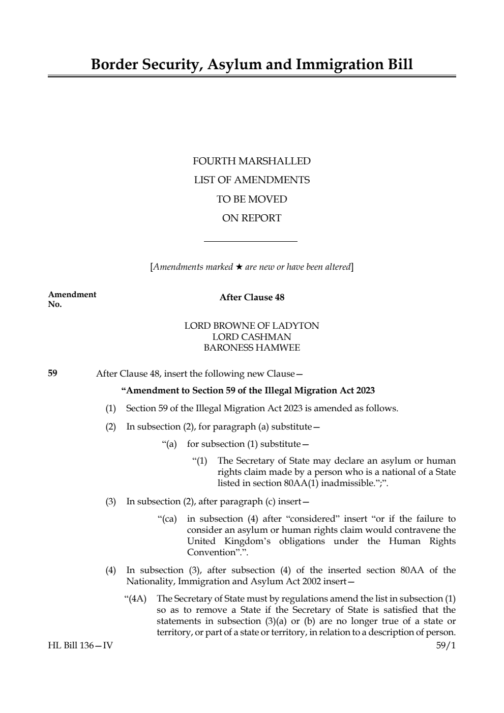 Border Security, Asylum and Immigration Bill Fourth Marshalled List of amendments to be moved on report