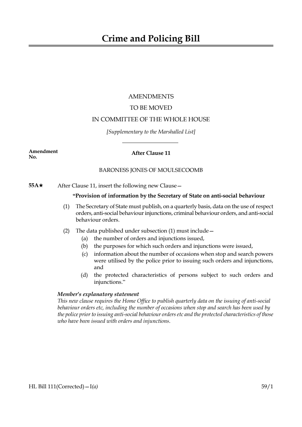Crime and Policing Bill Amendments to be moved in Committee of the Whole House [Supplementary to the Marshalled List]