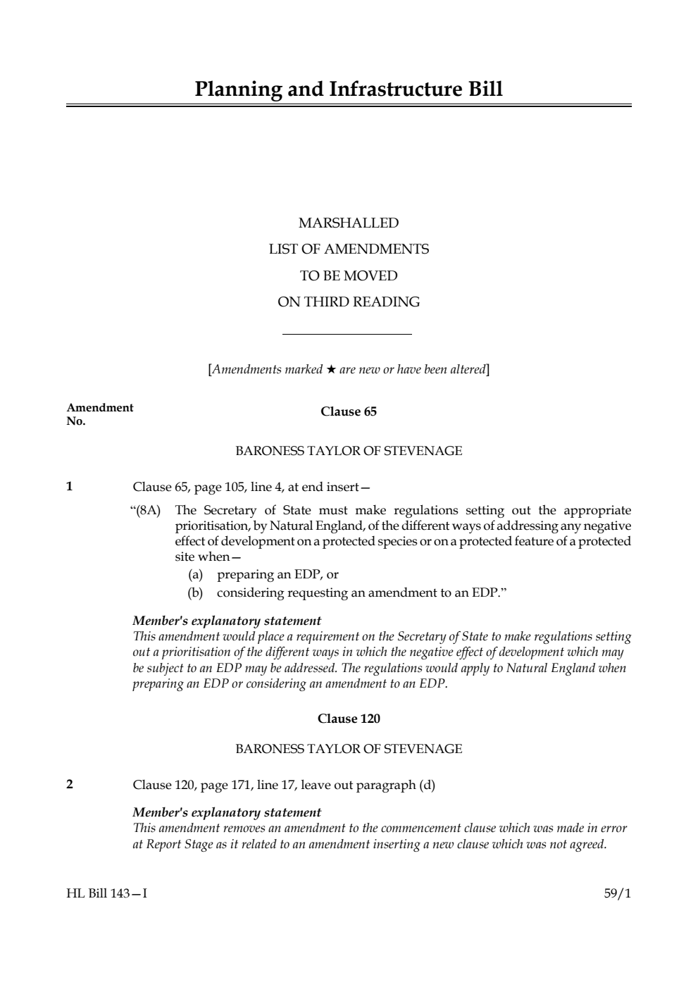 Planning and Infrastructure Bill Marshalled List of amendments to be moved on third reading