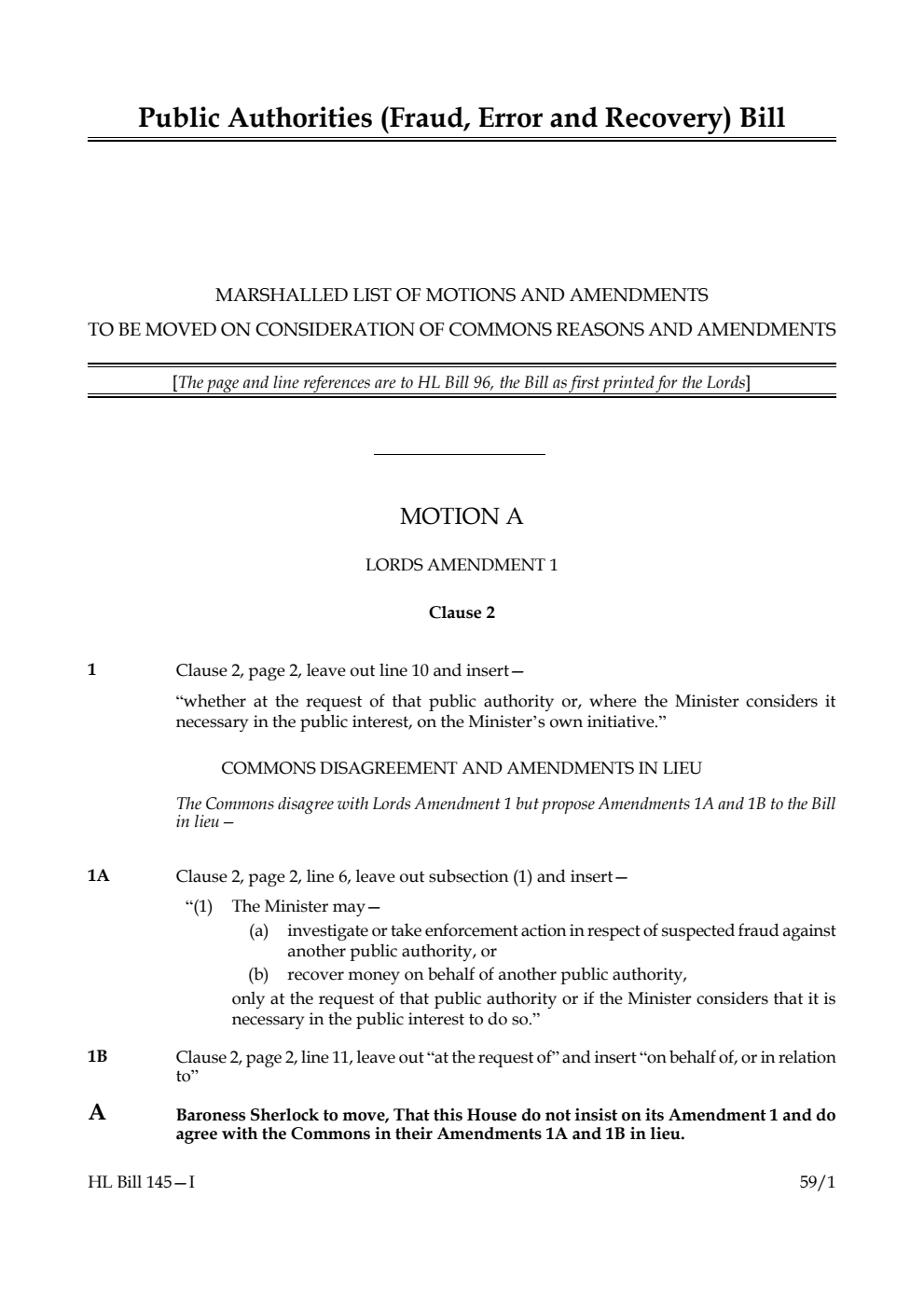 Public Authorities (Fraud, Error and Recovery) Bill Marshalled List of motions and amendments to be moved on consideration of Commons reasons and amendments