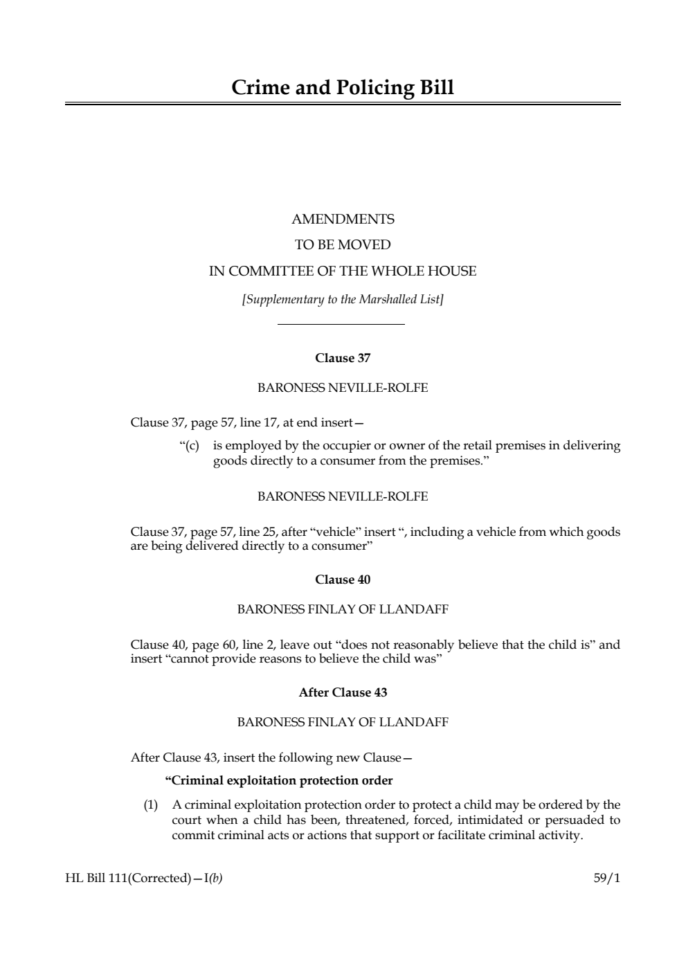 Crime and Policing Bill Amendments to be moved in Committee of the Whole House [Supplementary to the Marshalled List]