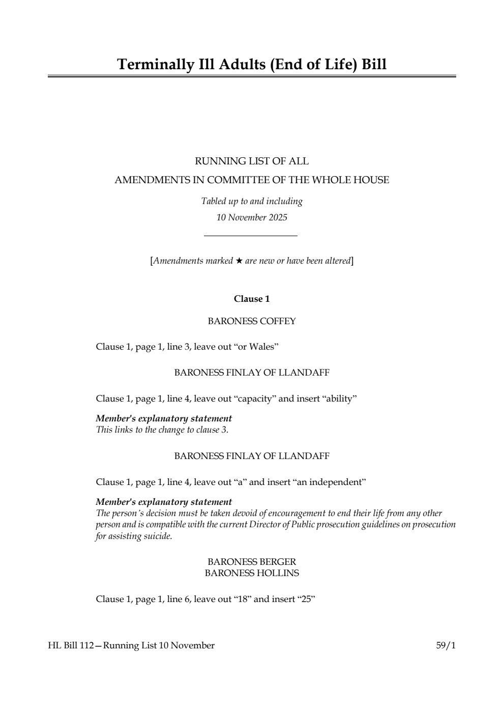 Terminally Ill Adults (End of Life) Bill Running List of all amendments in Committee of the Whole House tabled up to and including 10 November 2025