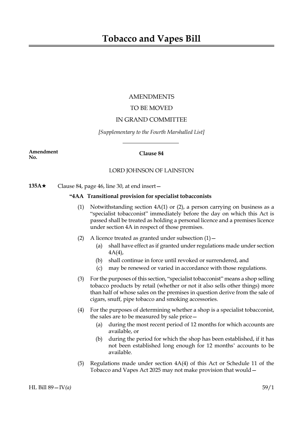 Tobacco and Vapes Bill Amendments to be moved in Grand Committee [Supplementary to the Fourth Marshalled List]