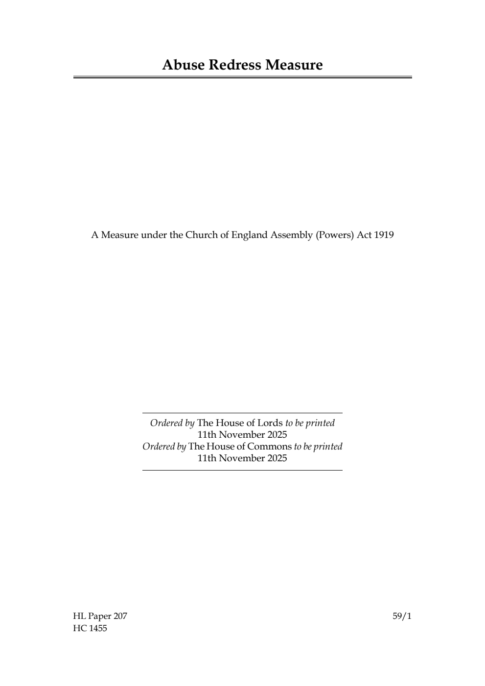 Ecclesiastical Committee. Abuse Redress Measure. A Measure under the Church of England Assembly (Powers) Act 1919