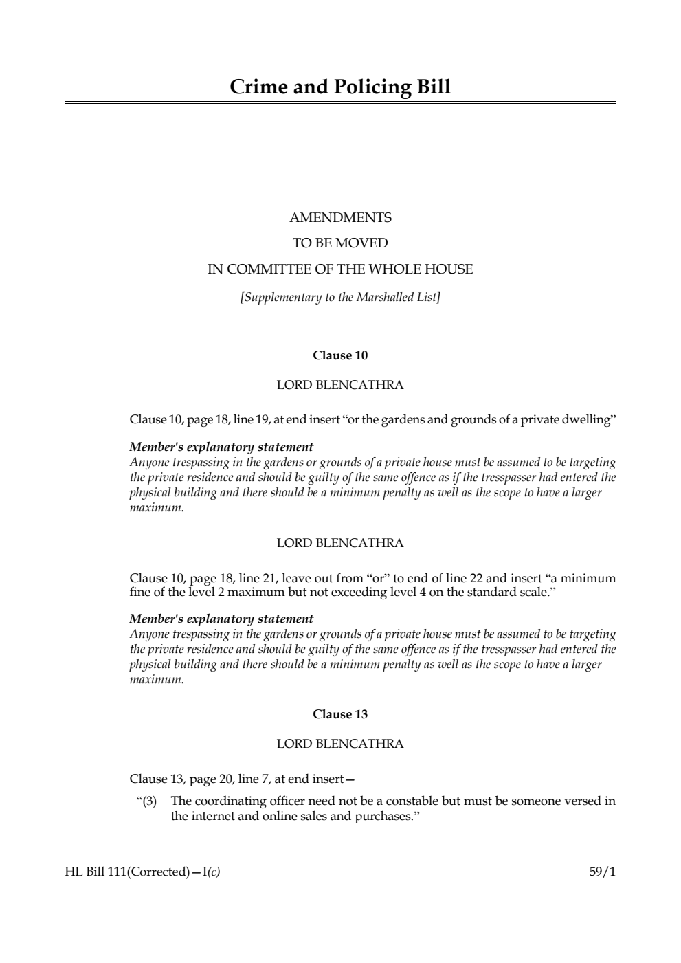 Crime and Policing Bill Amendments to be moved in Committee of the Whole House [Supplementary to the Marshalled List]