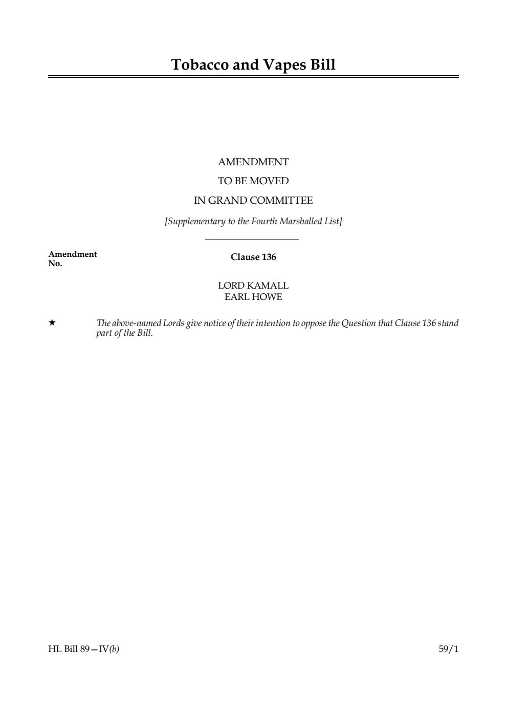 Tobacco and Vapes Bill Amendment to be moved in Grand Committee [Supplementary to the Fourth Marshalled List]