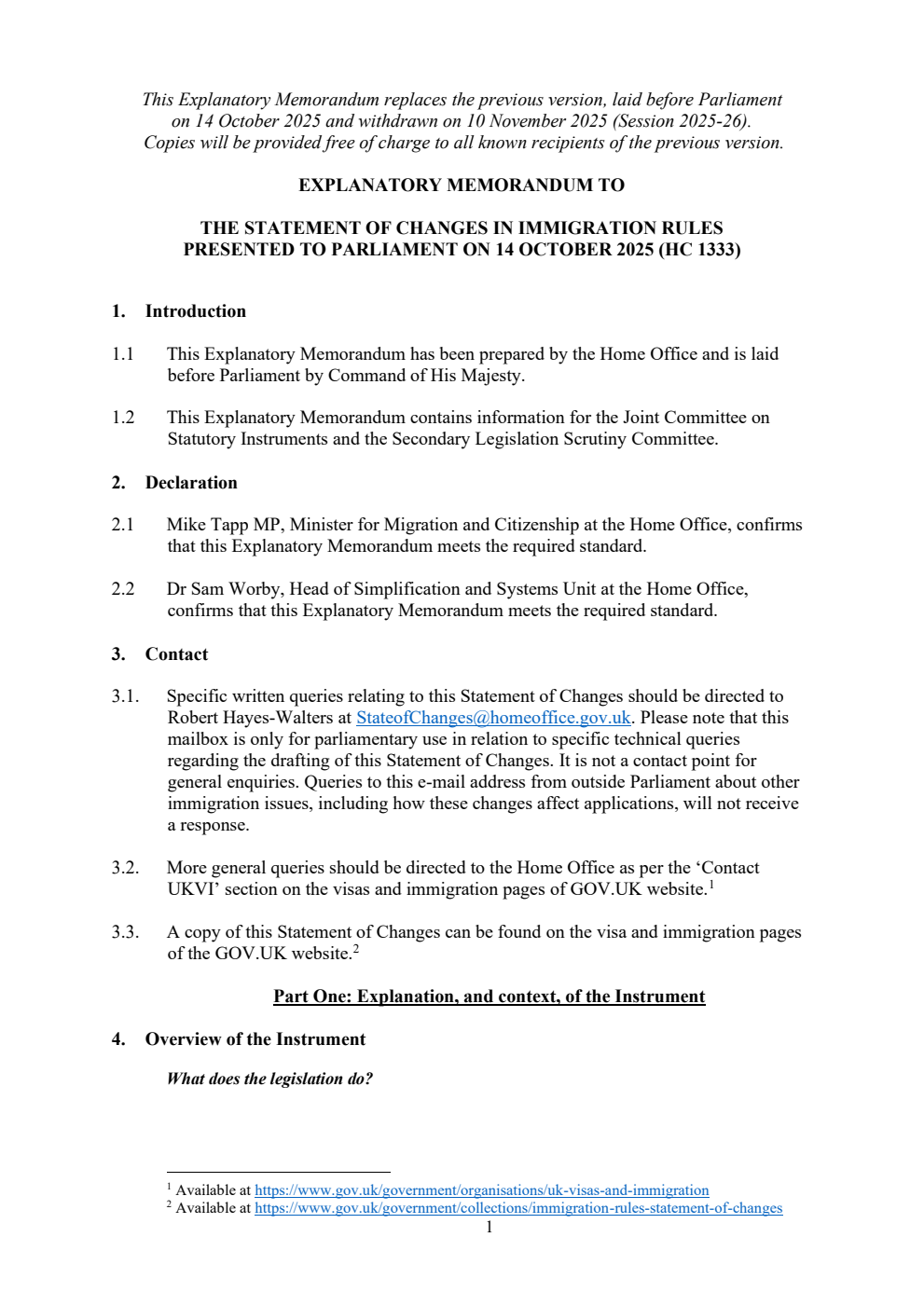 Explanatory Memorandum to the Statement of Changes in Immigration Rules. Updated to add background information, November 2025