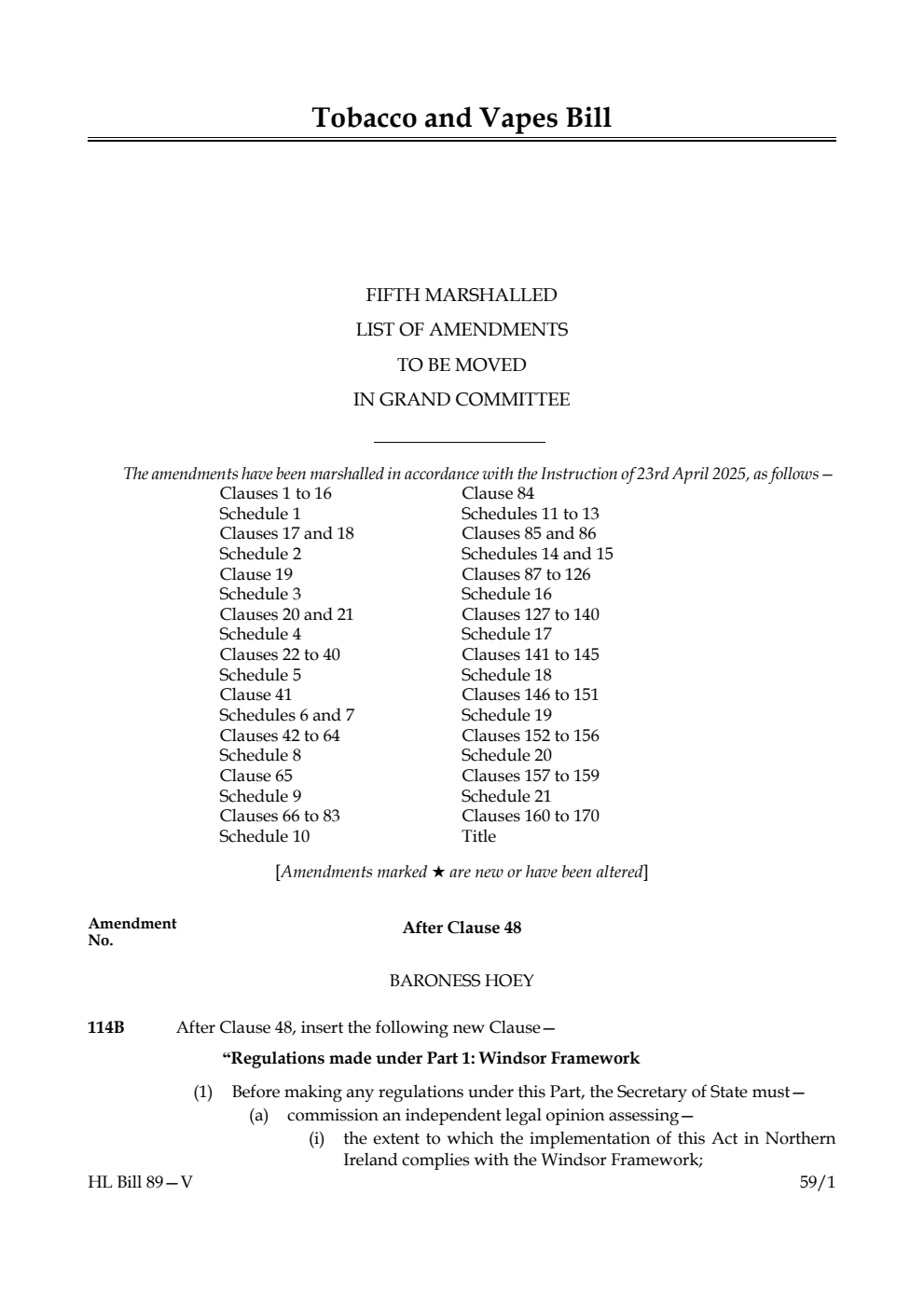 Tobacco and Vapes Bill Fifth Marshalled List of amendments to be moved in Grand Committee