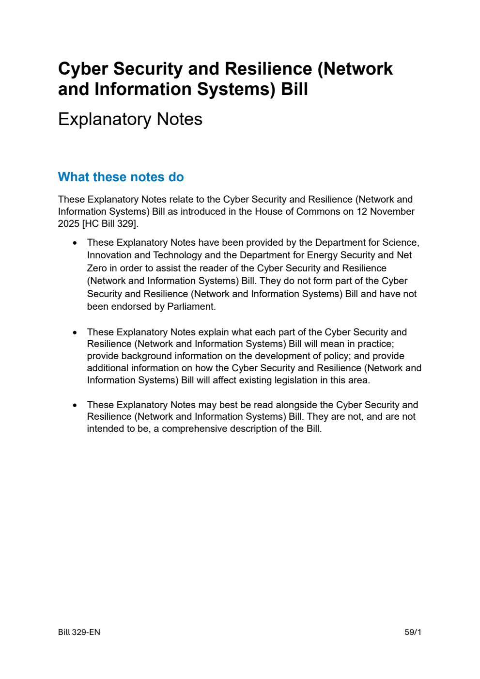 Cyber Security and Resilience (Network and Information Systems) Bill Explanatory Notes