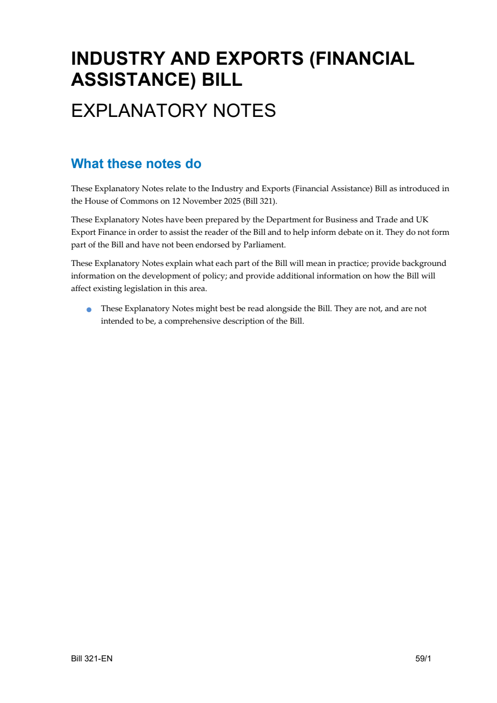 Industry and Exports (Financial Assistance) Bill Explanatory Notes