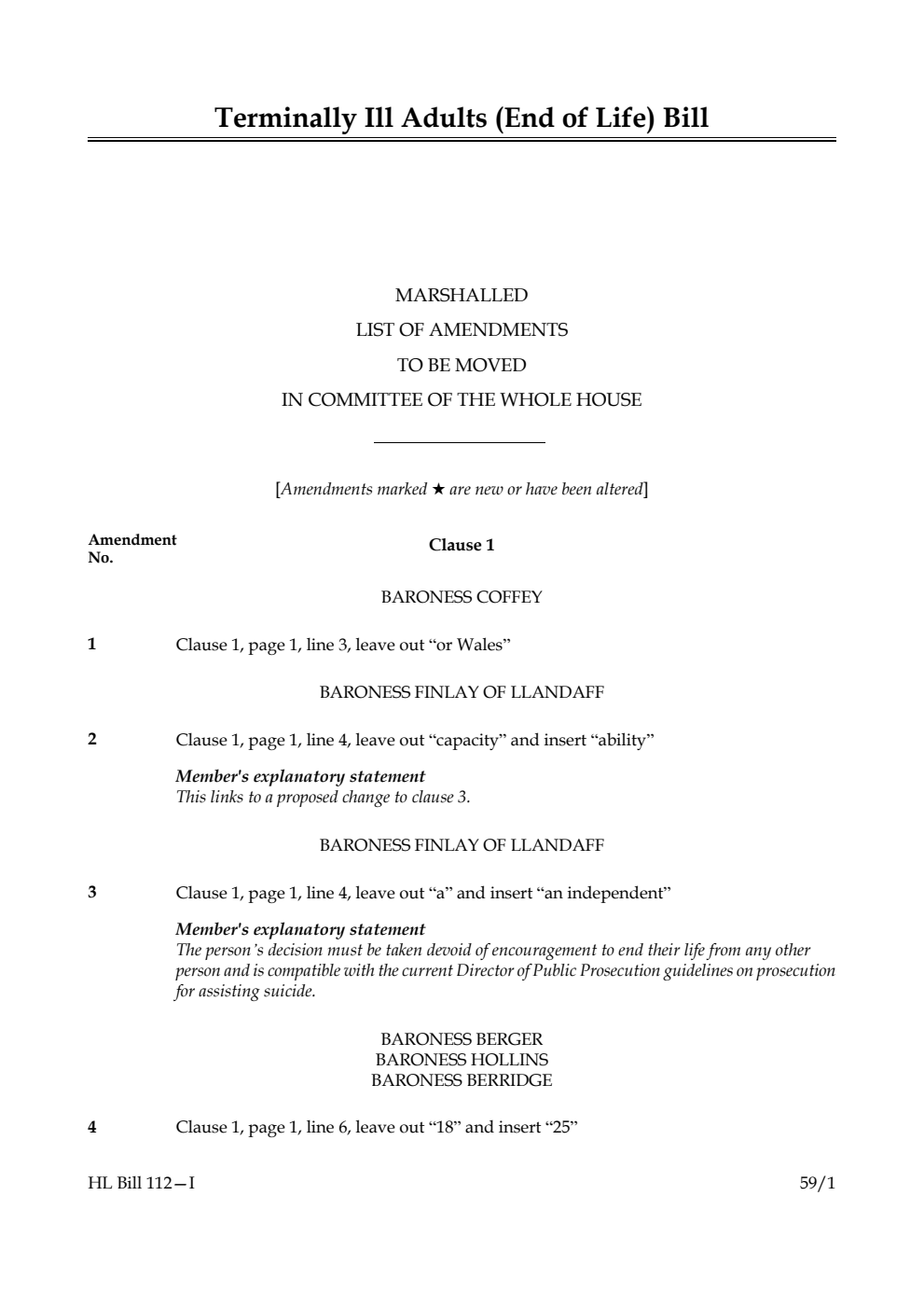 Terminally Ill Adults (End of Life) Bill Marshalled List of amendments to be moved in Committee of the Whole House