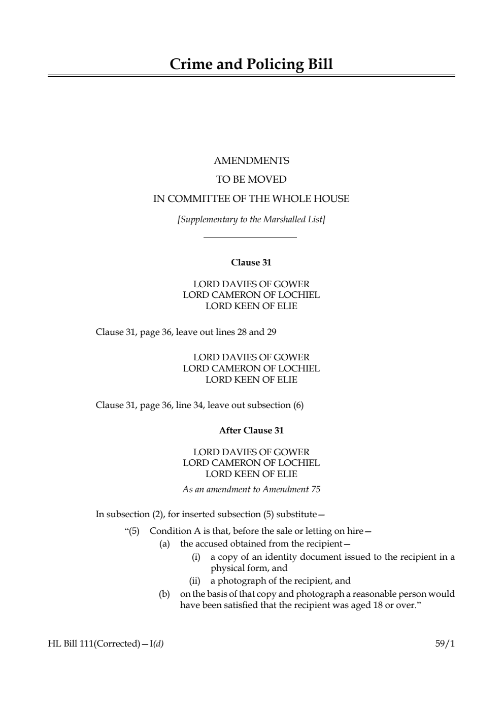 Crime and Policing Bill Amendments to be moved in Committee of the Whole House [Supplementary to the Marshalled List]