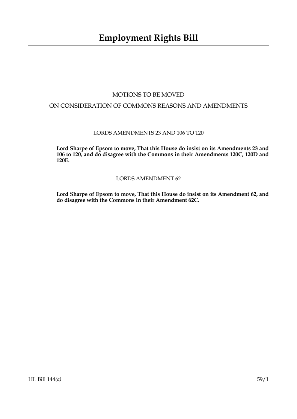 Employment Rights Bill Motions to be moved on consideration of Commons reasons and amendments