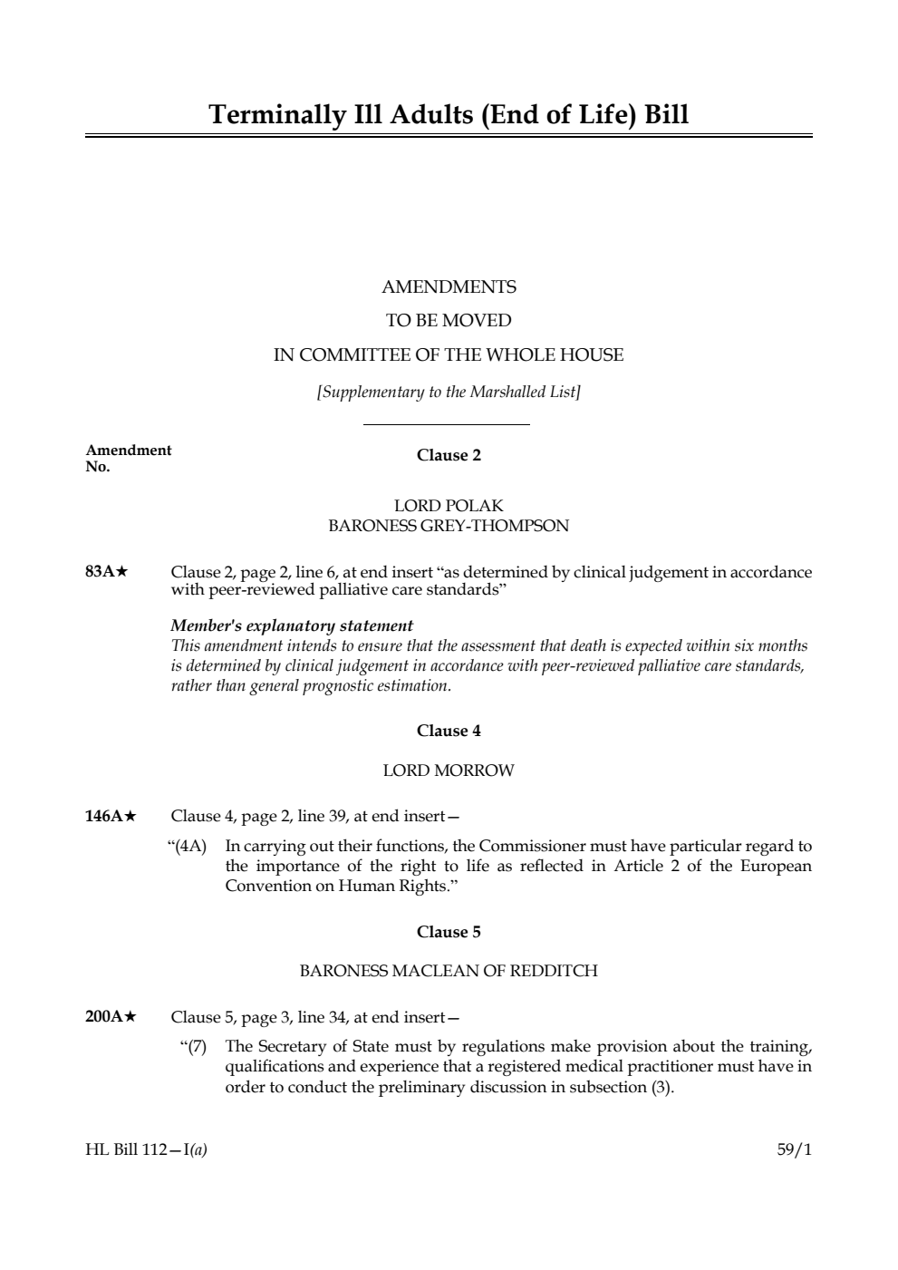 Terminally Ill Adults (End of Life) Bill Amendments to be moved in Committee of the Whole House [Supplementary to the Marshalled List]