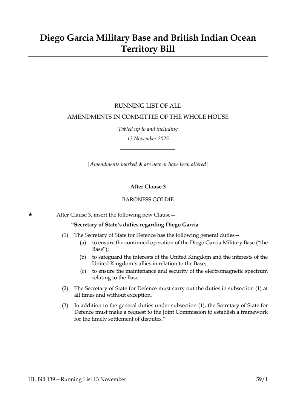 Diego Garcia Military Base and British Indian Ocean Territory Bill Running List of all amendments in Committee of the Whole House Tabled up to and including 13 November 2025