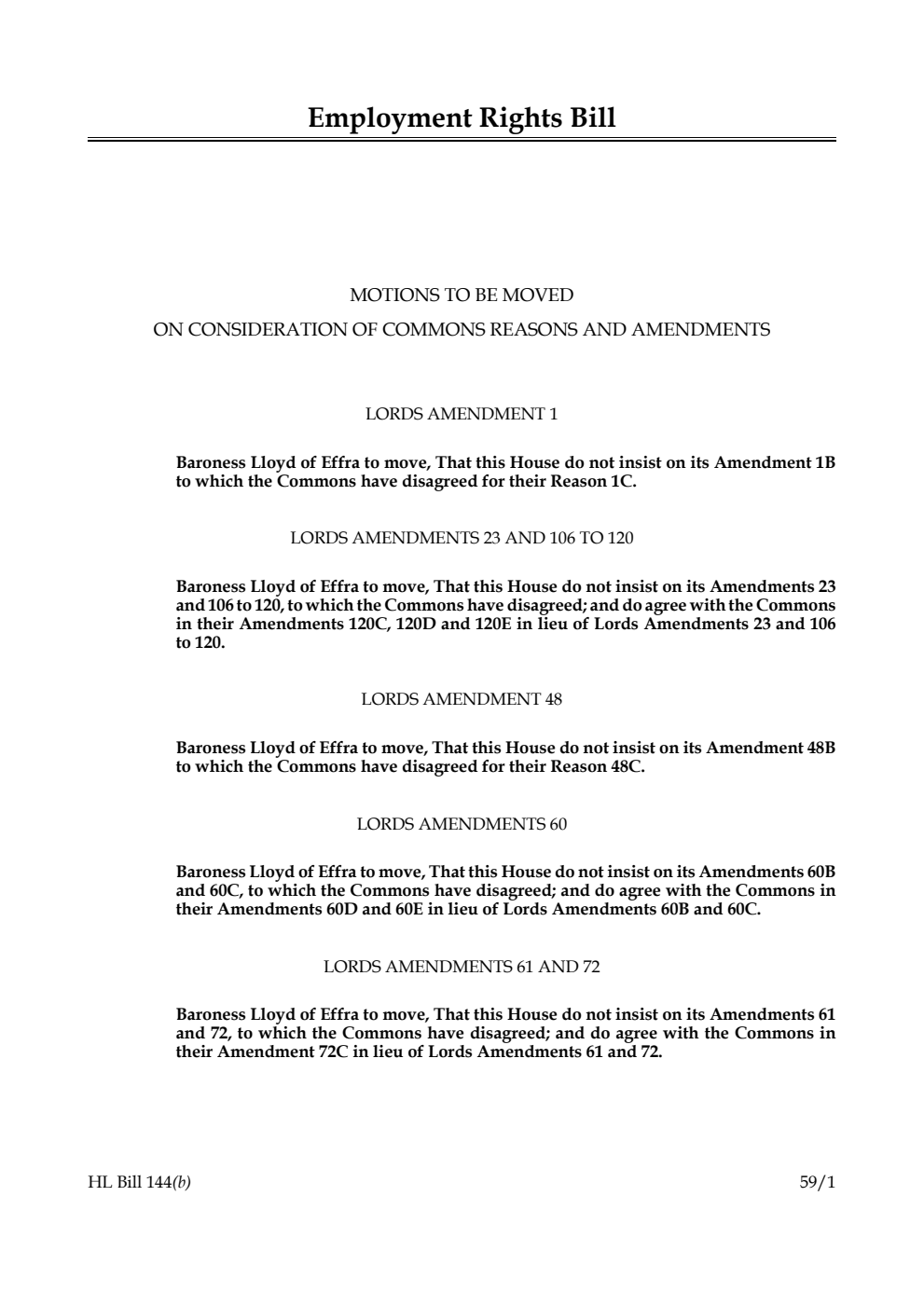 Employment Rights Bill Motions to be moved on consideration of Commons reasons and amendments