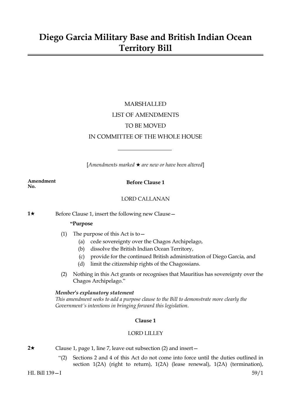 Diego Garcia Military Base and British Indian Ocean Territory Bill Marshalled List of amendments to be moved in Committee of the Whole House