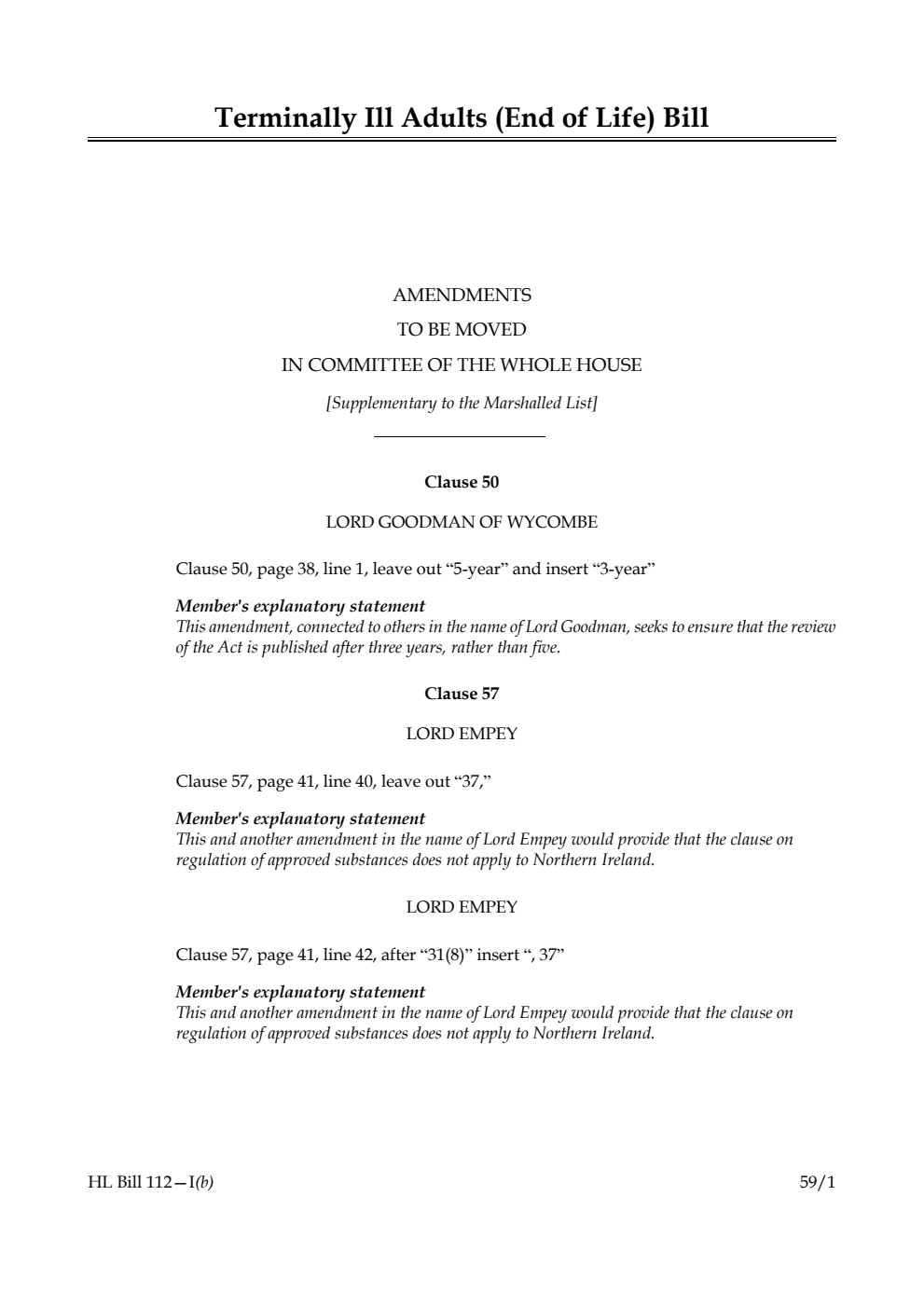Terminally Ill Adults (End of Life) Bill Amendments to be moved in Committee of the Whole House [Supplementary to the Marshalled List] 