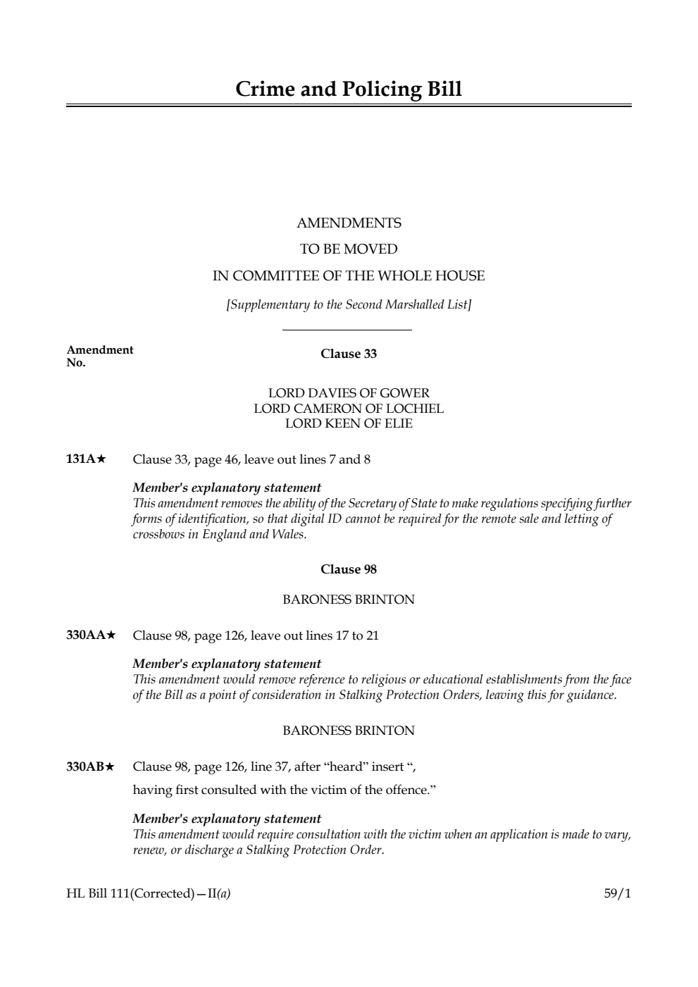 Crime and Policing Bill Amendments to be moved in Committee of the Whole House [Supplementary to the Second Marshalled List]