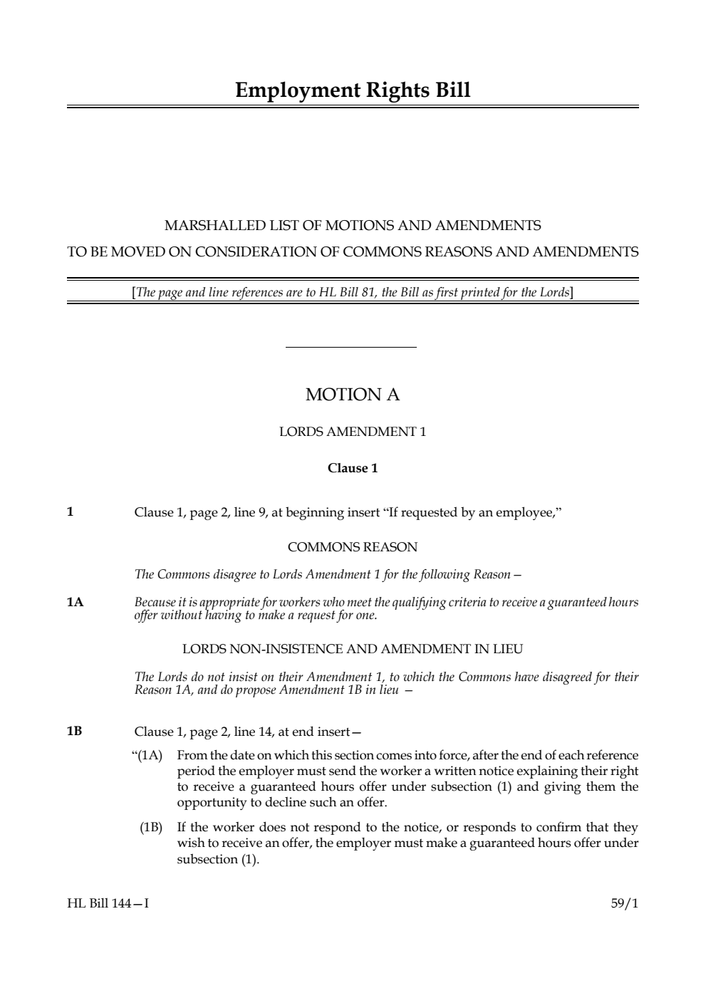 Employment Rights Bill Marshalled List of motions and amendments to be moved on consideration of Commons reasons and amendments