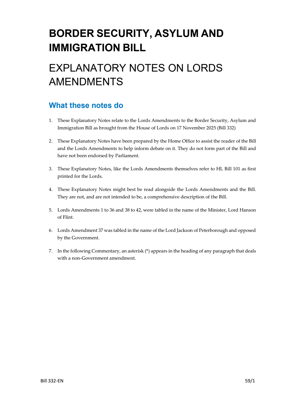 Border Security, Asylum and Immigration Bill Explanatory Notes on Lords Amendments