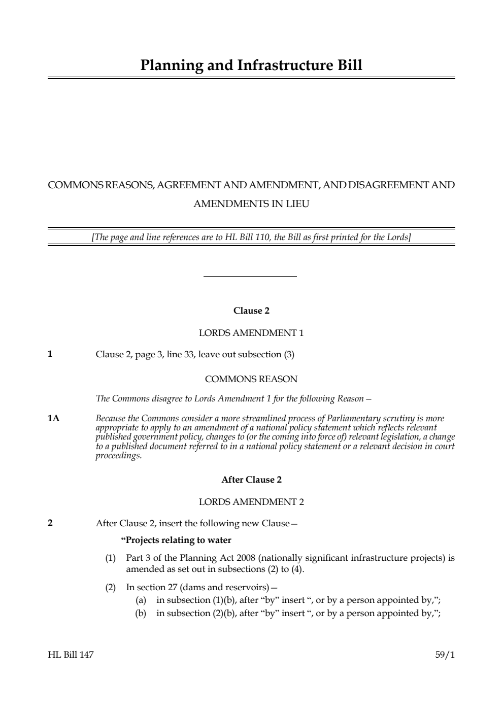 Planning and Infrastructure Bill Commons reasons, agreement and amendment, and disagreement and amendments in lieu