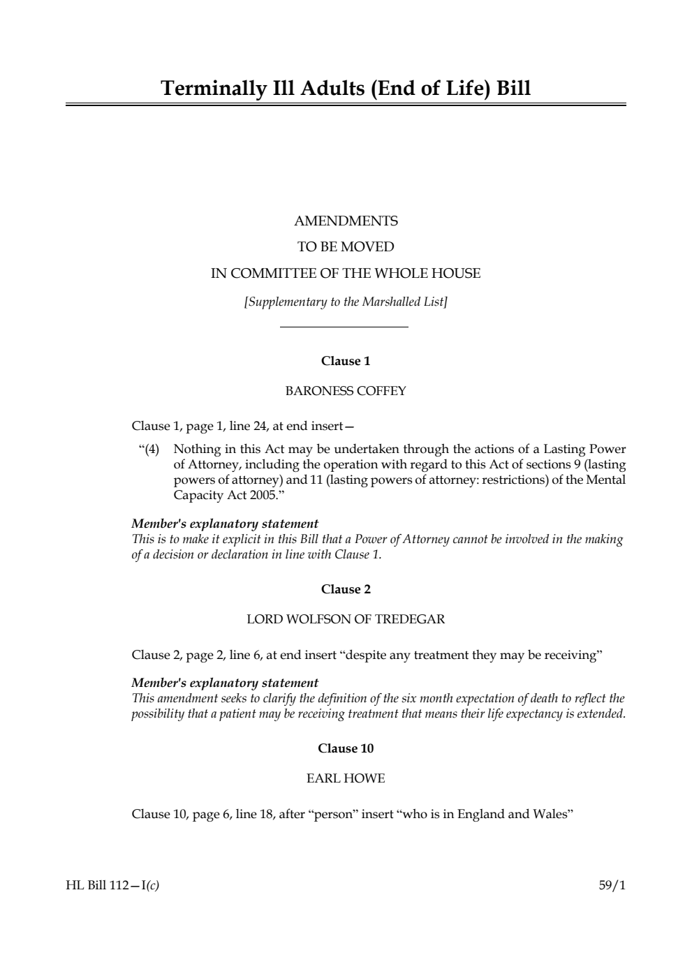 Terminally Ill Adults (End of Life) Bill Amendments to be moved in Committee of the Whole House [Supplementary to the Marshalled List]