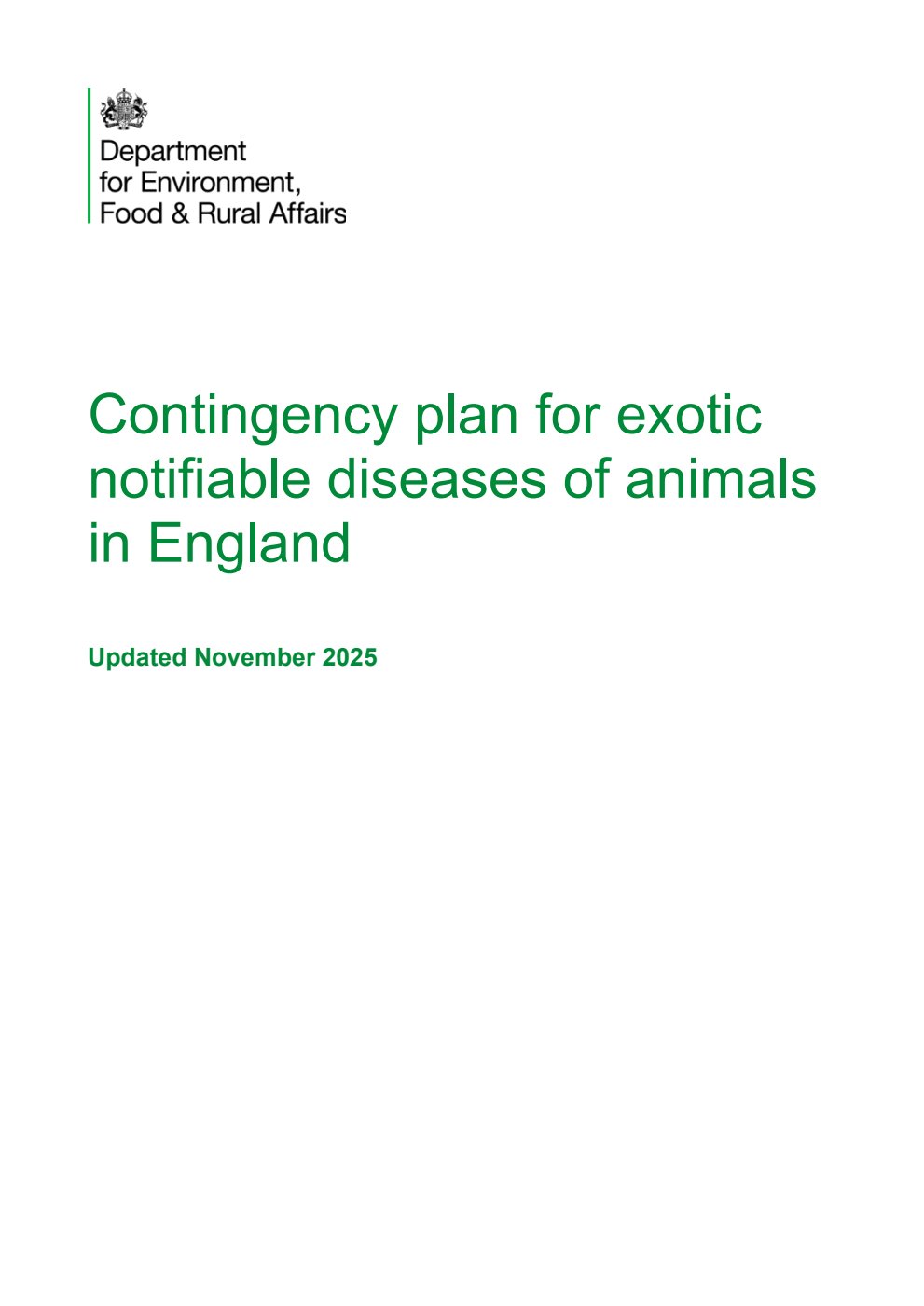 Contingency plan for exotic notifiable diseases of animals in England. Updated November 2025