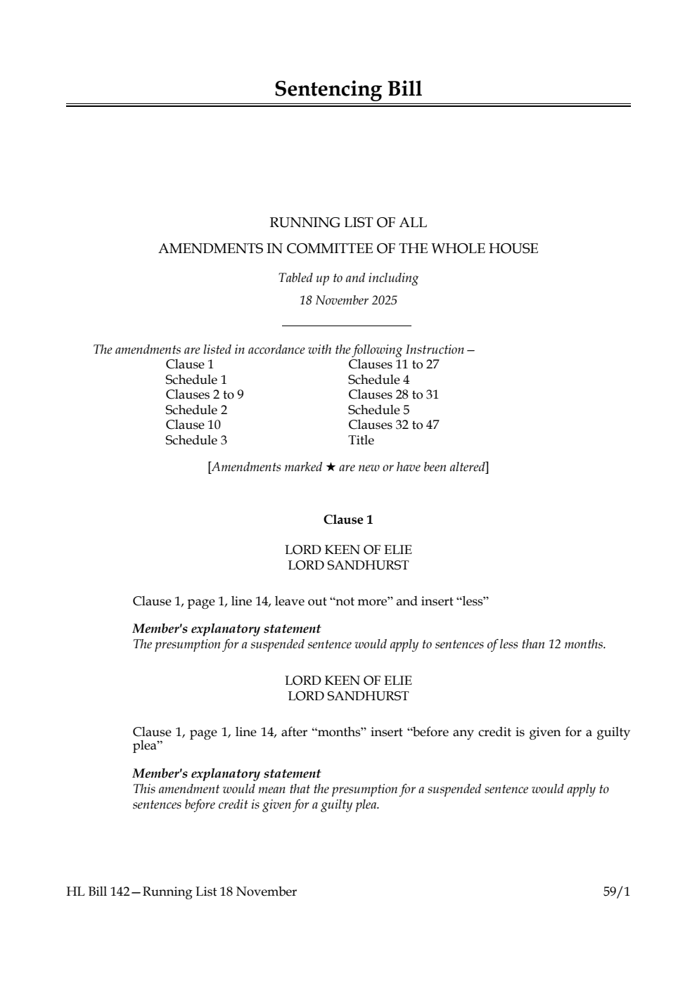 Sentencing Bill Running List of all amendments in Committee of the Whole House tabled up to and including 18 November 2025