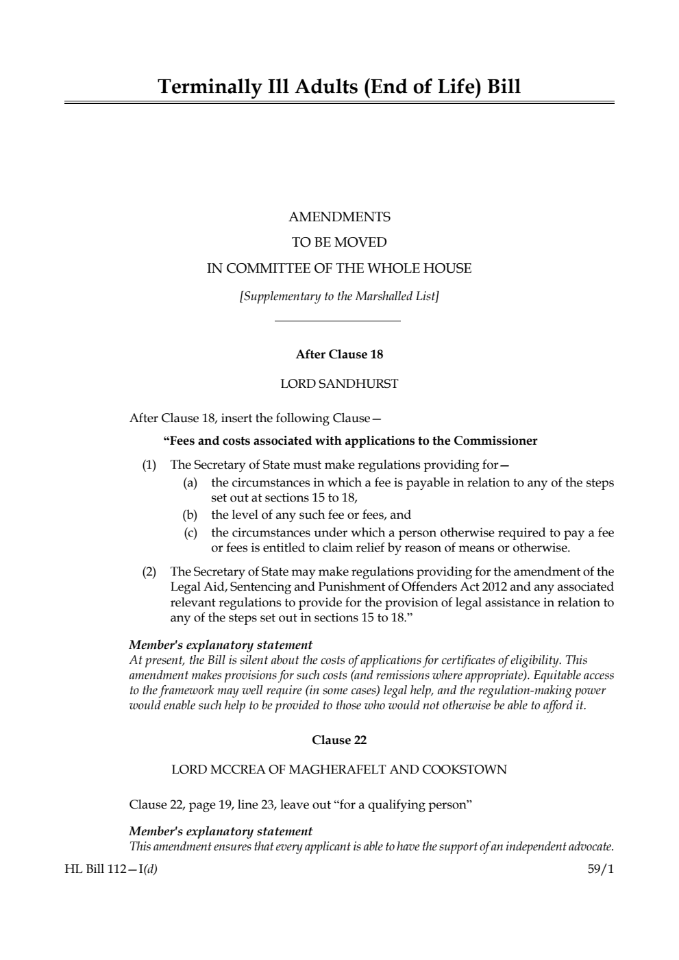 Terminally Ill Adults (End of Life) Bill Amendments to be moved in Committee of the Whole House [Supplementary to the Marshalled List]