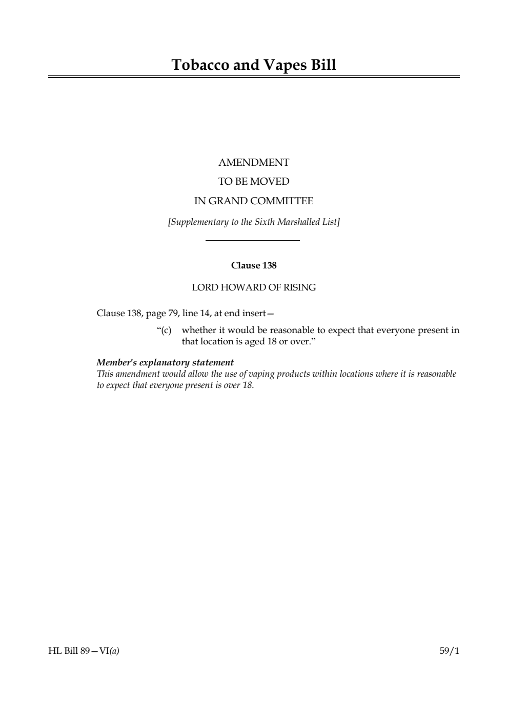 Tobacco and Vapes Bill Amendment to be moved in Grand Committee [Supplementary to the Sixth Marshalled List]