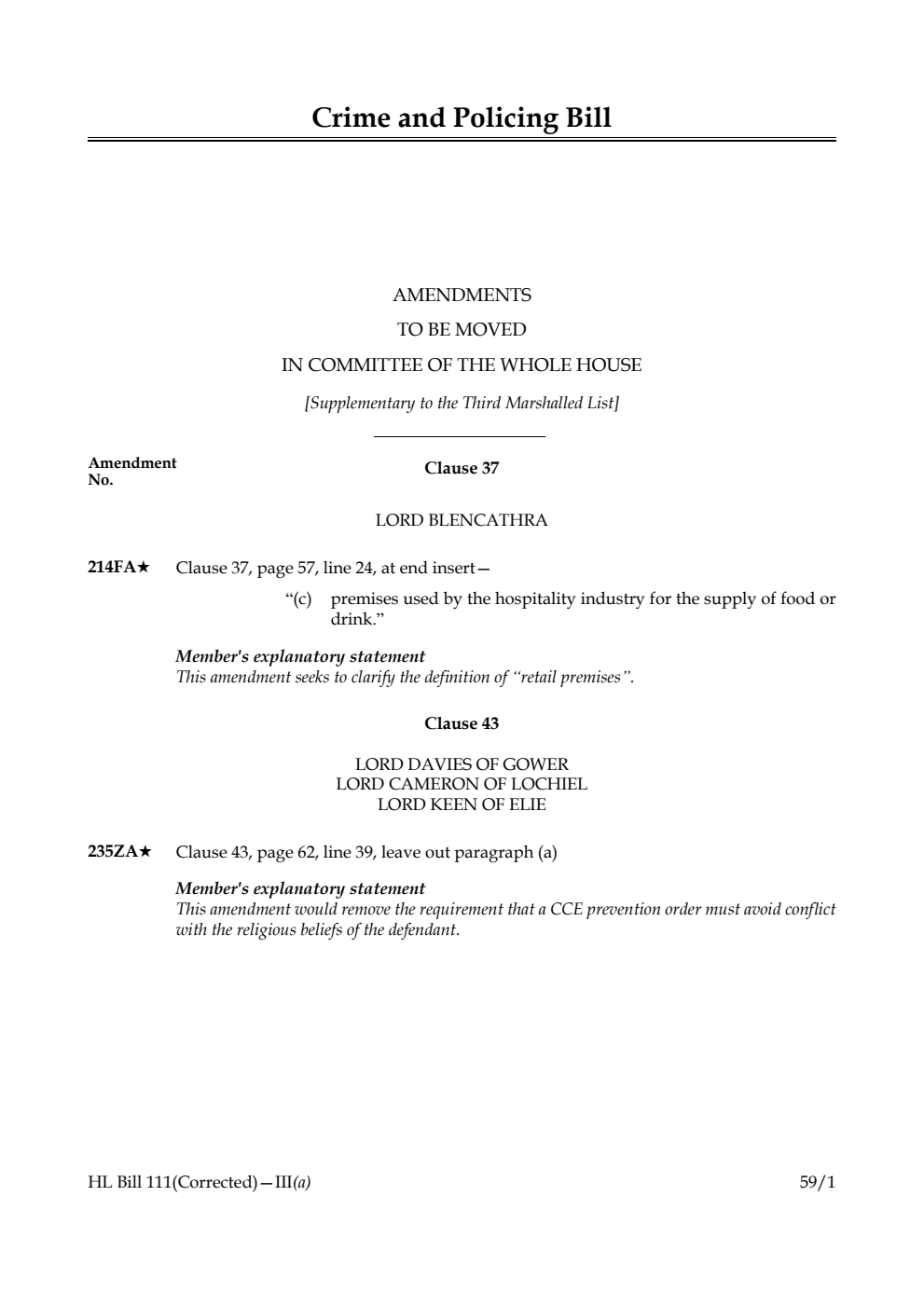 Crime and Policing Bill Amendments to be moved in Committee of the Whole House [Supplementary to the Third Marshalled List] 