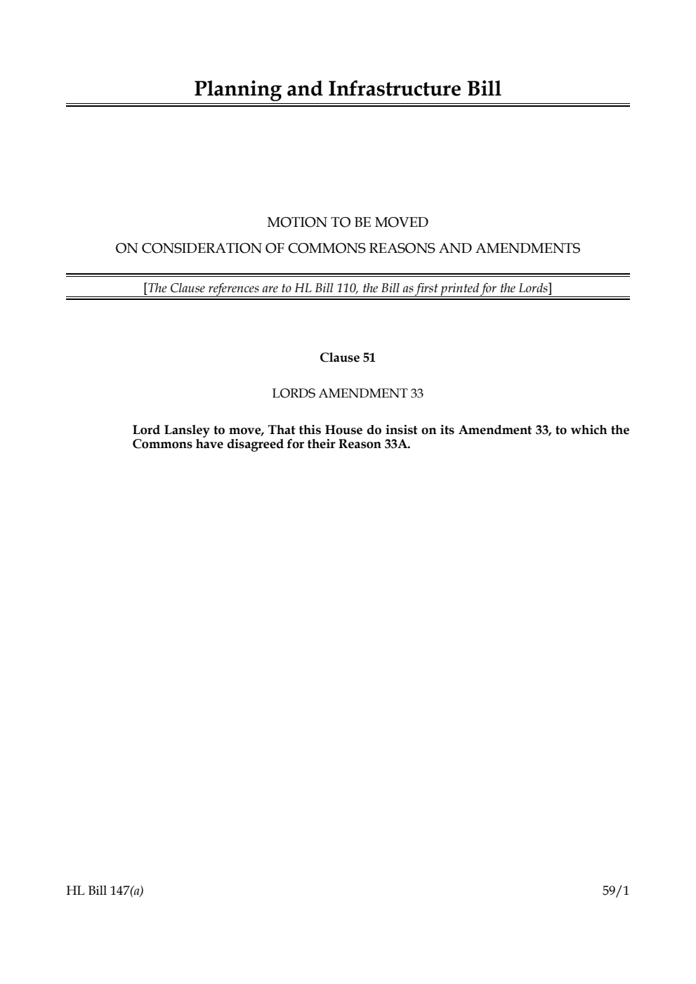 Planning and Infrastructure Bill Motion to be moved on consideration of Commons reasons and amendments