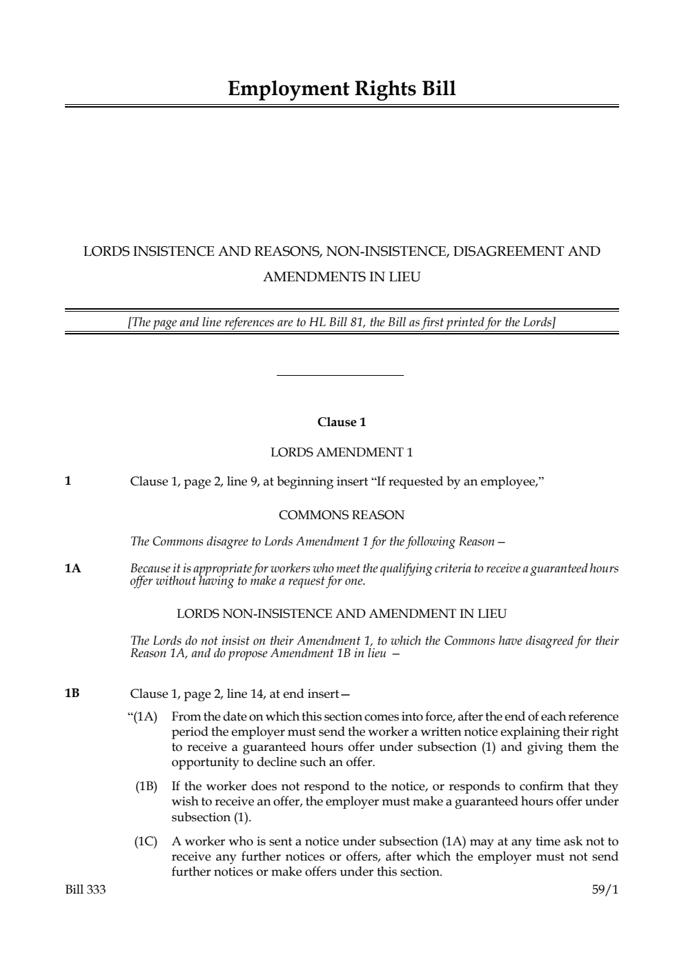 Employment Rights Bill Lords insistence and reasons, non-insistence, disagreement and amendments in lieu