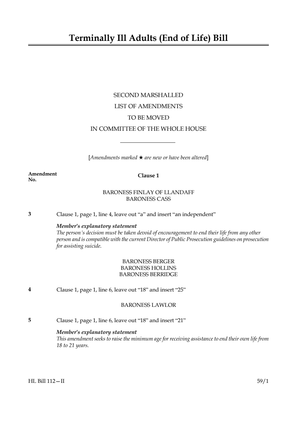 Terminally Ill Adults (End of Life) Bill Second Marshalled List of amendments to be moved in Committee of the Whole House