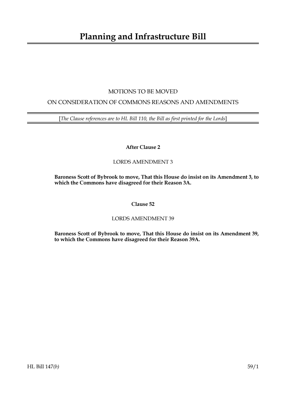 Planning and Infrastructure Bill Motions to be moved on consideration of Commons reasons and amendments
