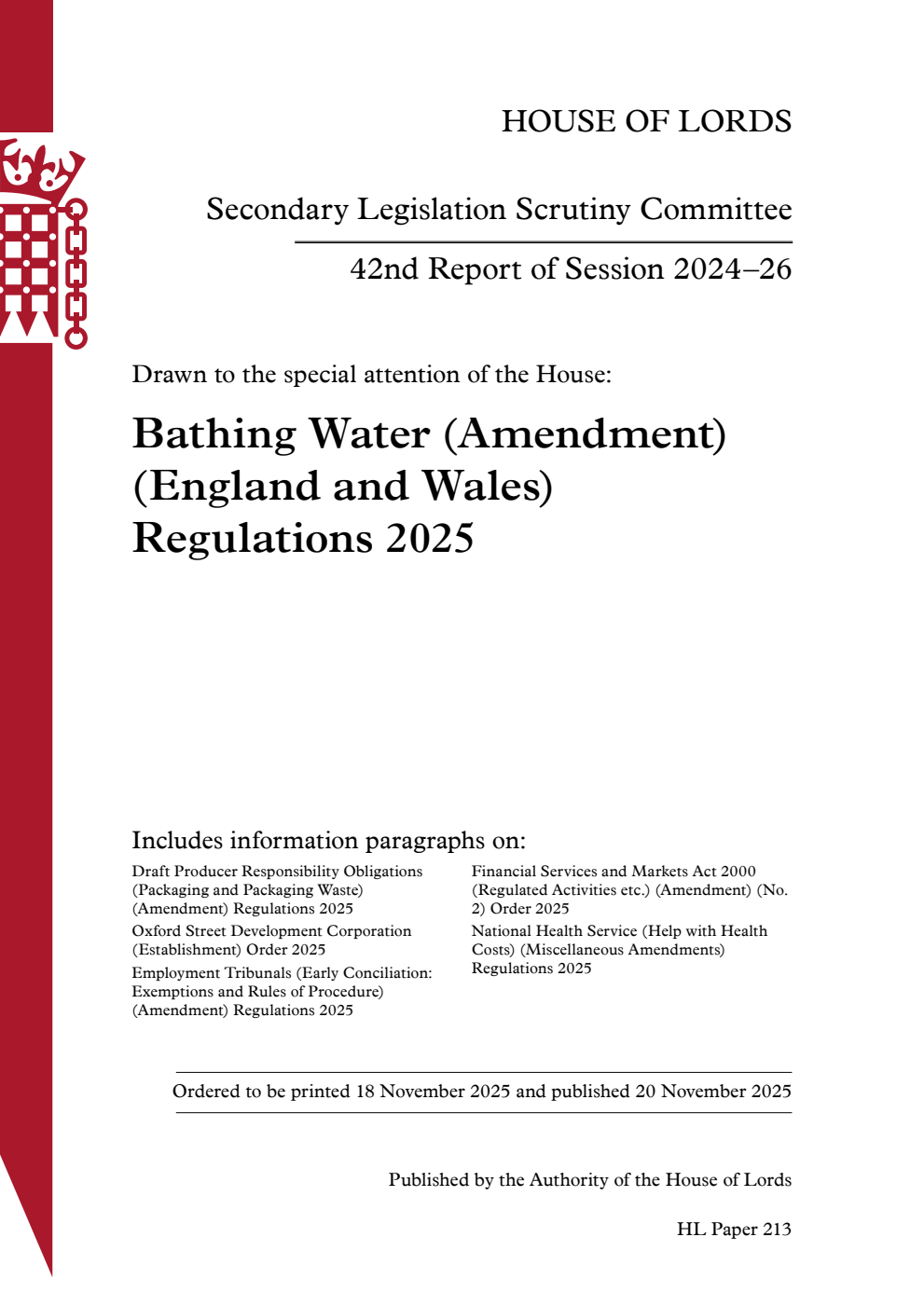 Secondary Legislation Scrutiny Committee 42nd Report. Drawn to the special attention of the House: Bathing Water (Amendment) (England and Wales) Regulations 2025