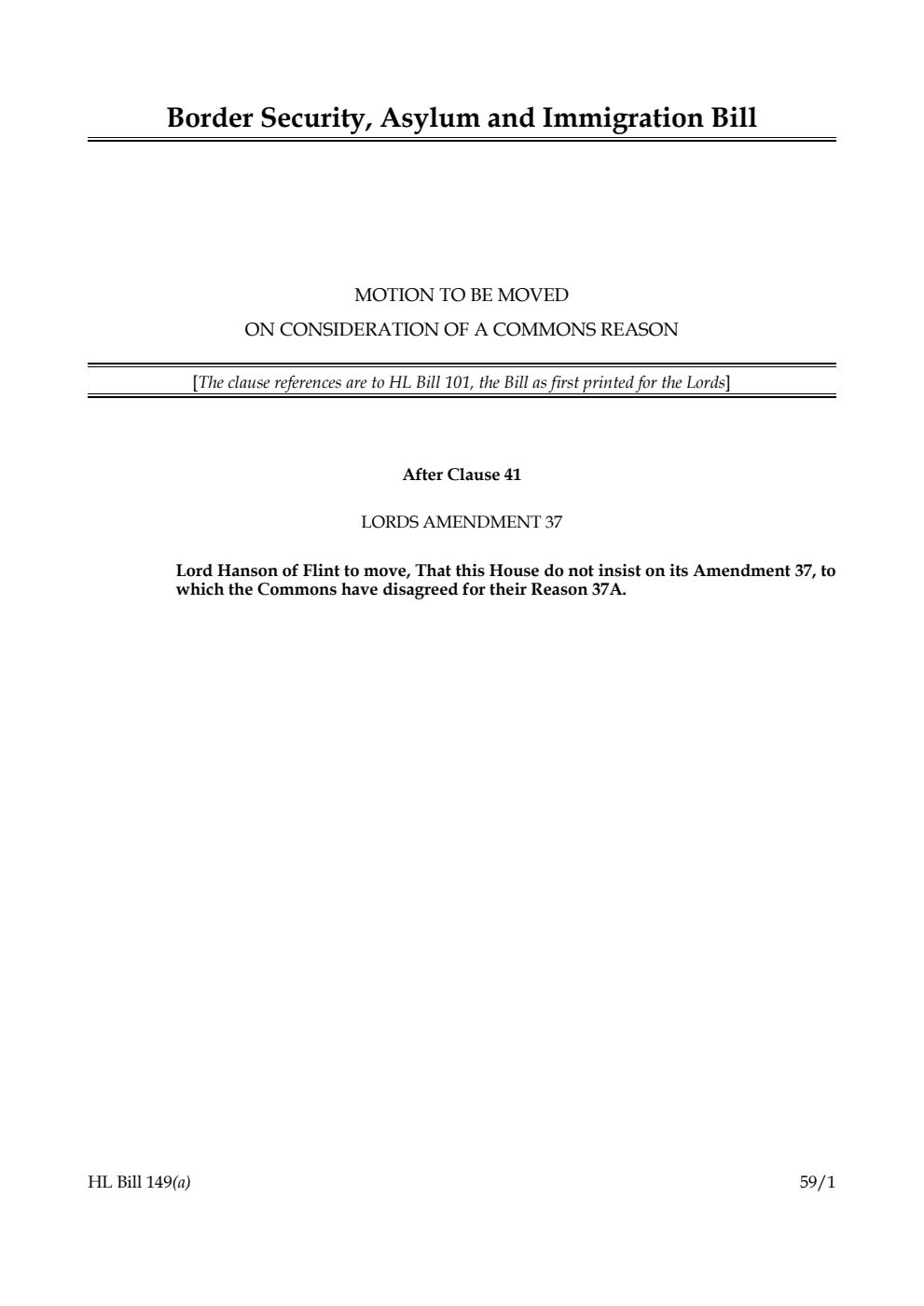 Border Security, Asylum and Immigration Bill Motion to be moved on consideration of a Commons reason