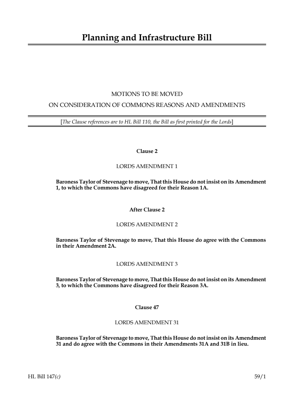 Planning and Infrastructure Bill Motions to be moved on consideration of Commons reasons and amendments