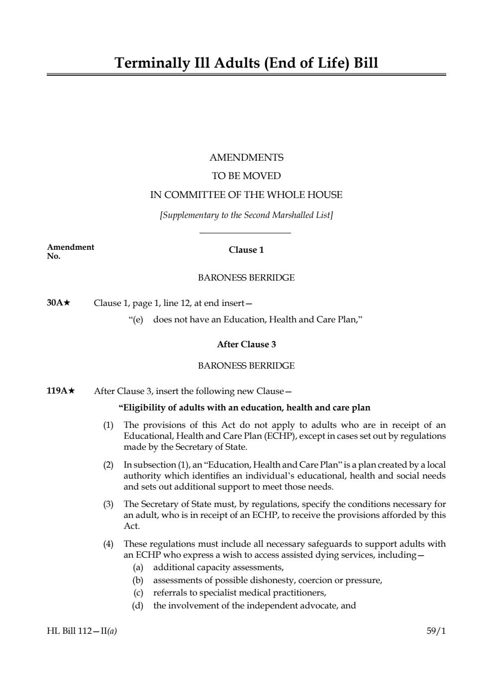 Terminally Ill Adults (End of Life) Bill Amendments to be moved in Committee of the Whole House [Supplementary to the Second Marshalled List] 