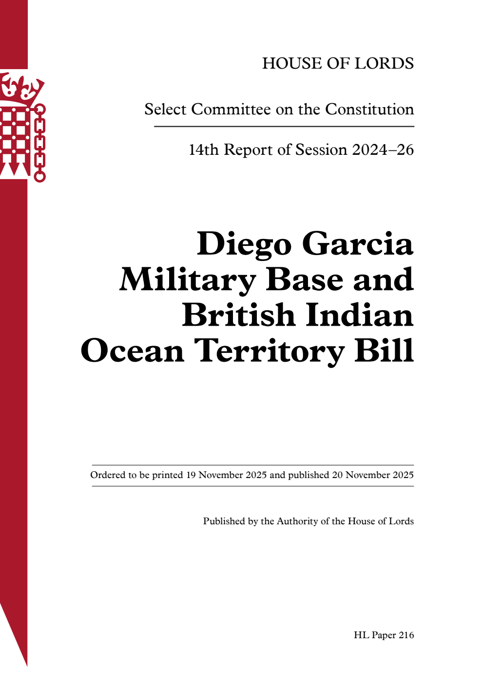 Constitution Committee 14th Report. Diego Garcia Military Base and British Indian Ocean Territory Bill