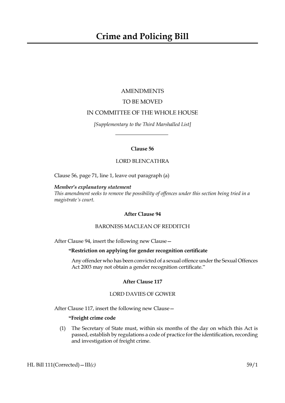 Crime and Policing Bill Amendments to be moved in Committee of the Whole House [Supplementary to the Third Marshalled List]