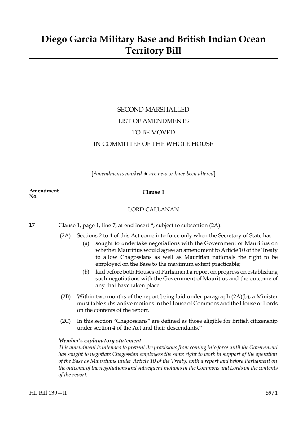 Diego Garcia Military Base and British Indian Ocean Territory Bill Second Marshalled List of Amendments to be moved in Committee of the Whole House
